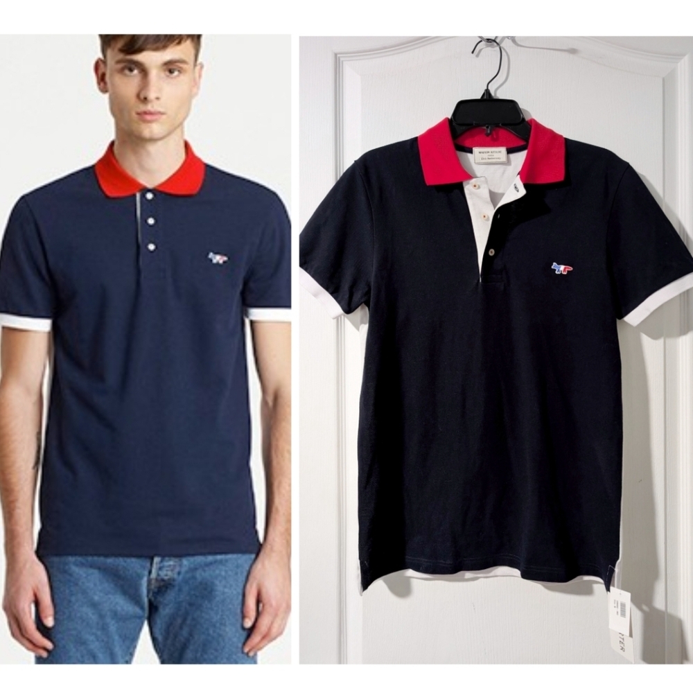 Maison Kitsuné | 10th Anniversary Polo Shirt Tricolor Fox Navy Colorblock Rare